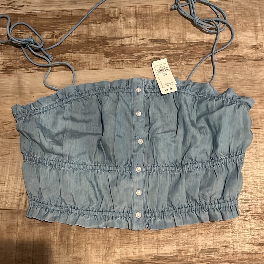 Aerie Blue Button-Front Crop Top